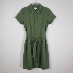J Crew Full Button Dress Olive Green Tie Waist Cotton Size 6